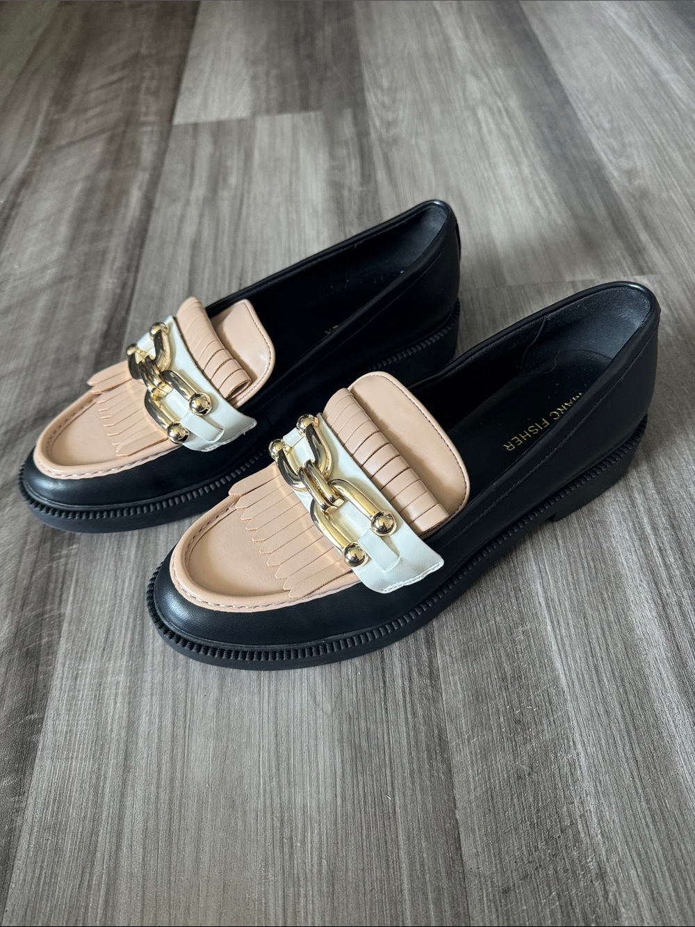 Marc Fisher Calisto Loafers Color Black Beige Vamp Tassel Chain 8 shoes work